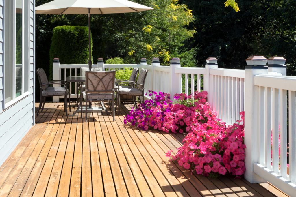 An outdoor deck with comfortable seating area