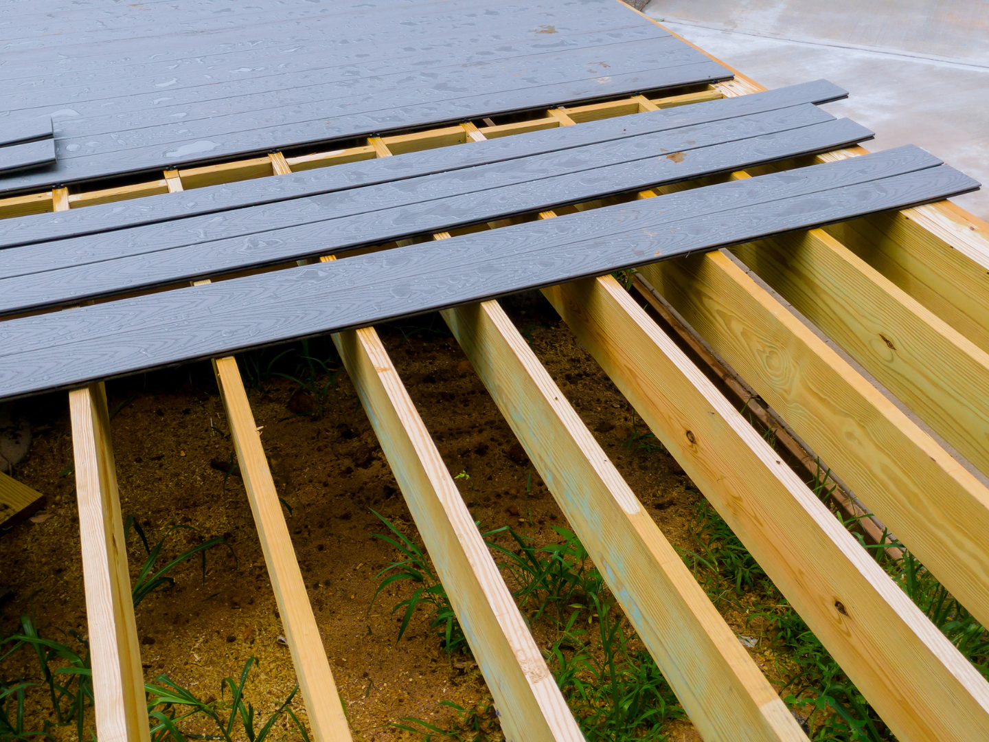 Decking boards laid over a frame